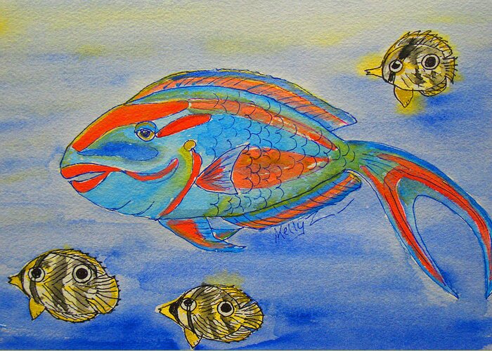 Parrotfish Greeting Card featuring the painting Parrotfish and Butterflies by Kelly Smith