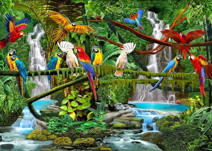 Parrots Greeting Card featuring the digital art Parrots in Paradise by Glenn Holbrook