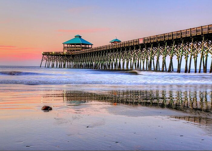 Folly Beach Greeting Card featuring the photograph Pastel Sunrise On Folly Beach Pier In Charleston South Carolina by Carol Montoya