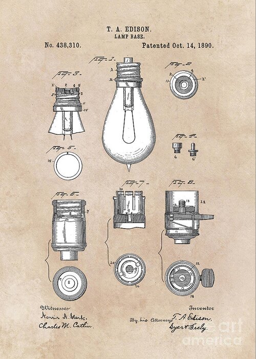 Edison Greeting Card featuring the digital art patent art Edison 1890 Lamp base by Justyna Jaszke JBJart