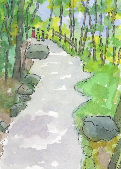 Watercolor Greeting Card featuring the painting Path to the Falls by Marcy Brennan