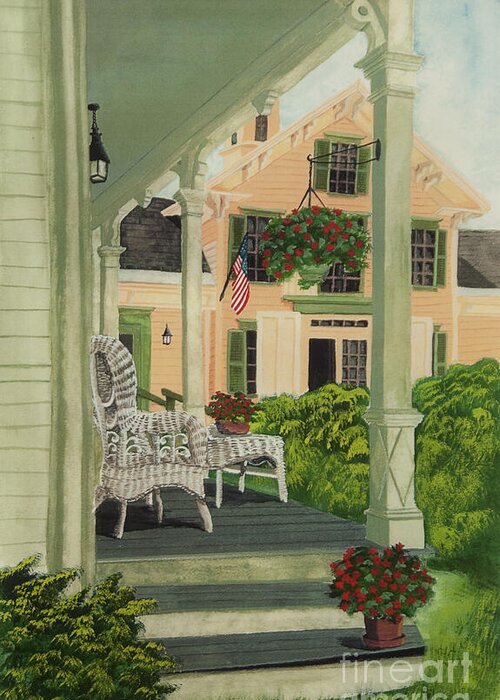 Side Porch Greeting Card featuring the painting Patriotic Country Porch by Charlotte Blanchard