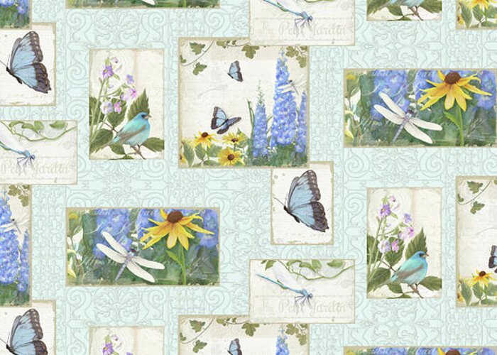 Half Drop Repeat Greeting Card featuring the painting Pattern Butterflies Dragonflies Birds and Blue and Yellow Floral by Audrey Jeanne Roberts