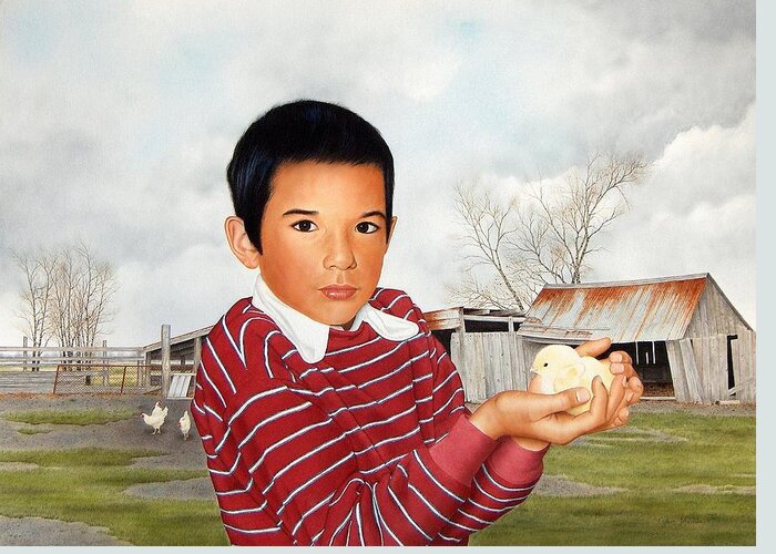 Portrait Greeting Card featuring the painting Paul and his Chick by Conrad Mieschke