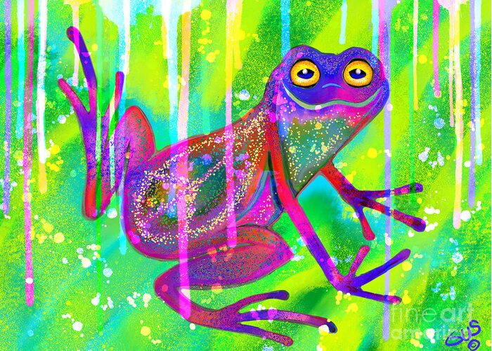 Frog Greeting Card featuring the painting Peace frog in the Rainbow Rain by Nick Gustafson