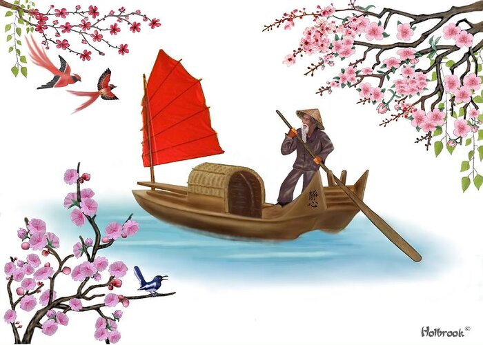 Oriental Art Greeting Card featuring the digital art Peaceful Journey by Glenn Holbrook