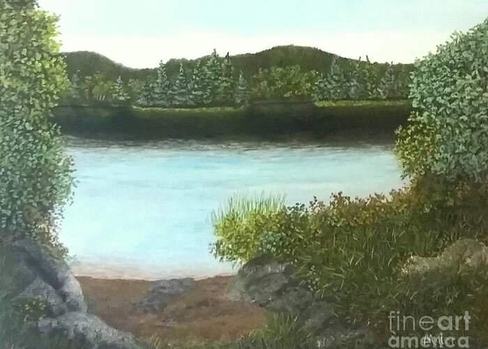 Lake Greeting Card featuring the painting Peaceful morning. by Peggy Miller