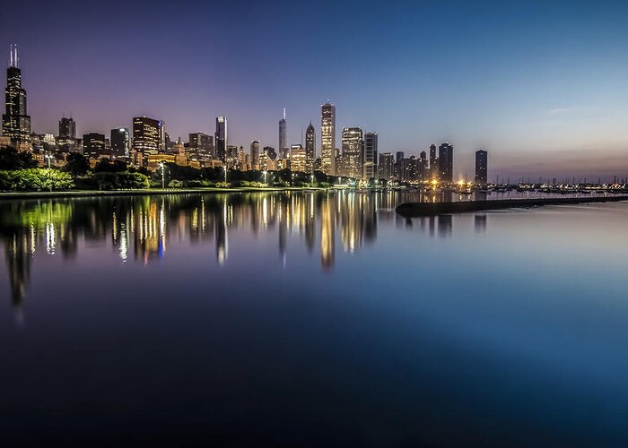 Chicago Greeting Card featuring the photograph Peaceful summer dawn scene on Chicago's lakefront by Sven Brogren