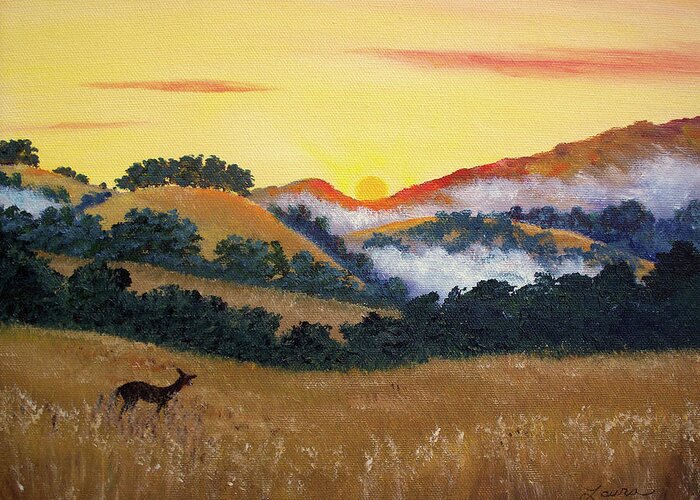 Deer Greeting Card featuring the painting Peaceful Sunset at Fremont Older by Laura Iverson
