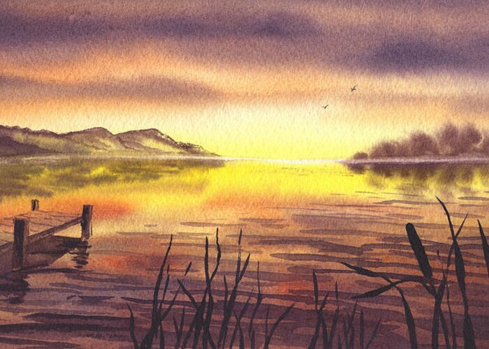 Peaceful Sunset At The Lake Greeting Card featuring the painting Peaceful Sunset At The Lake by Irina Sztukowski
