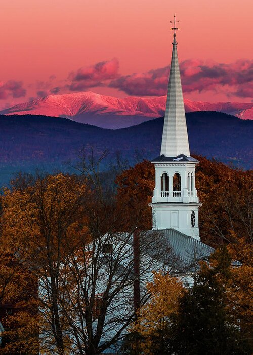 Vermont Greeting Card featuring the photograph Peacham Church at Sunset by Tim Kirchoff