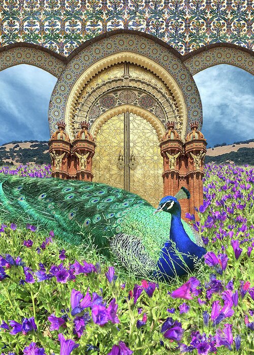 Peacock Greeting Card featuring the digital art Peacock Gate by Lucy Arnold