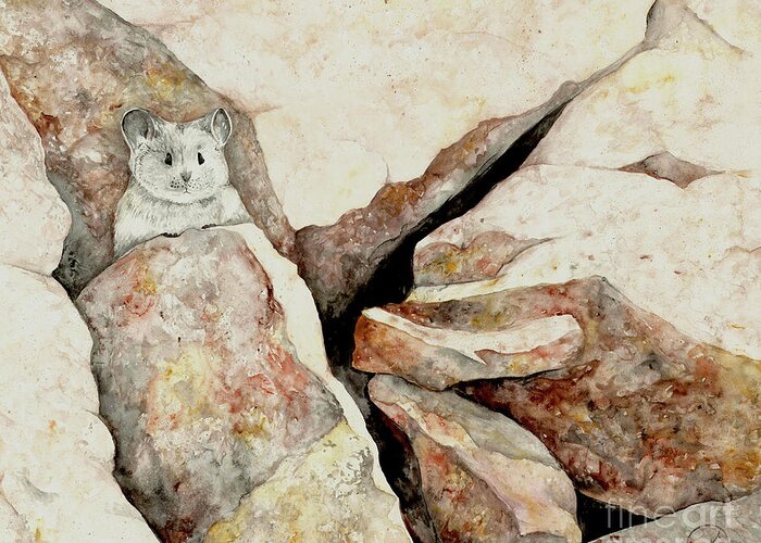 Pika Greeting Card featuring the painting Peaking Pika by Elizabeth Mordensky