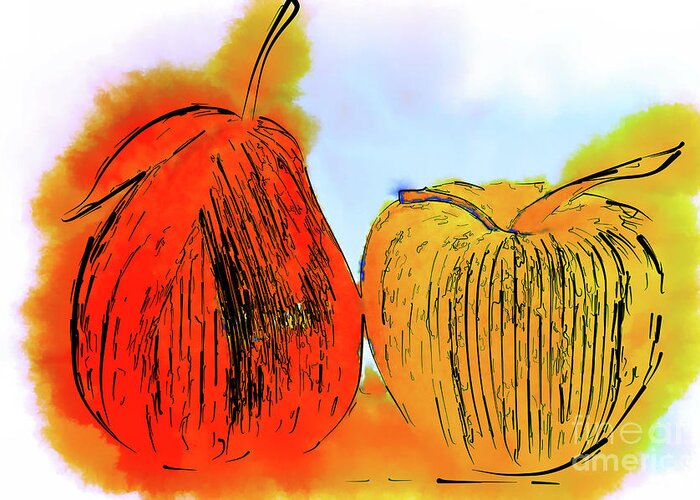 Still-life Greeting Card featuring the digital art Pear And Apple Watercolor by Kirt Tisdale