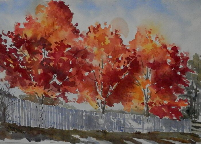 Landscape Greeting Card featuring the painting Pear Trees Fall Afternoon by Martha Tisdale