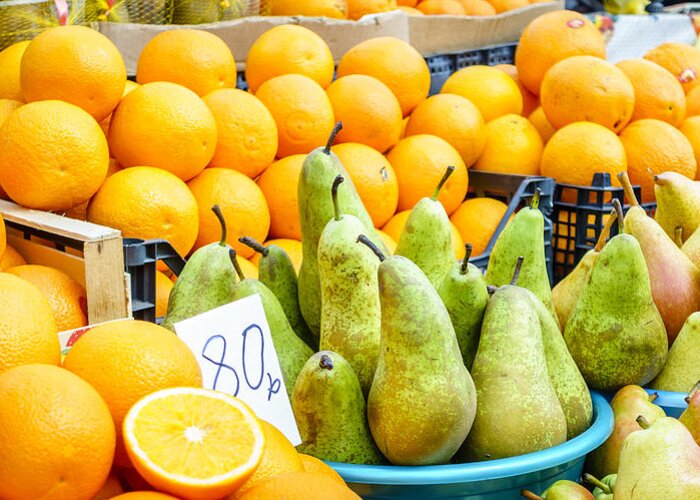 Pyatigorsk Greeting Card featuring the photograph Pears and oranges by Alexey Stiop