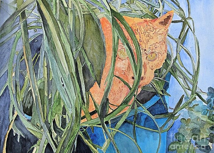 Cat Greeting Card featuring the painting Peekaboo by Sandy McIntire