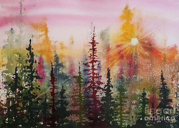 Pine Trees Greeting Card featuring the painting Peeking into Heaven by Lisa Debaets