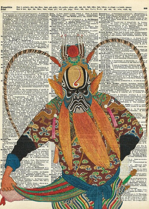Pekin Opera Greeting Card featuring the painting Pekin Opera Chinese costume Over a Old Dictionary Page by Anna W