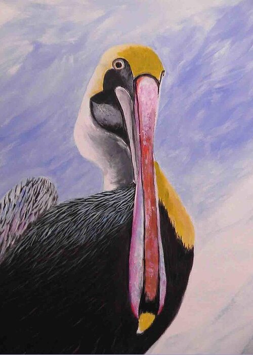 Pelican Greeting Card featuring the painting Pelican Head by Anne Marie Brown