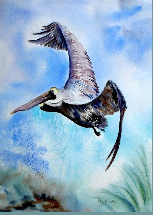 Birds Greeting Card featuring the painting Pelican in Flight by Diane Kirk