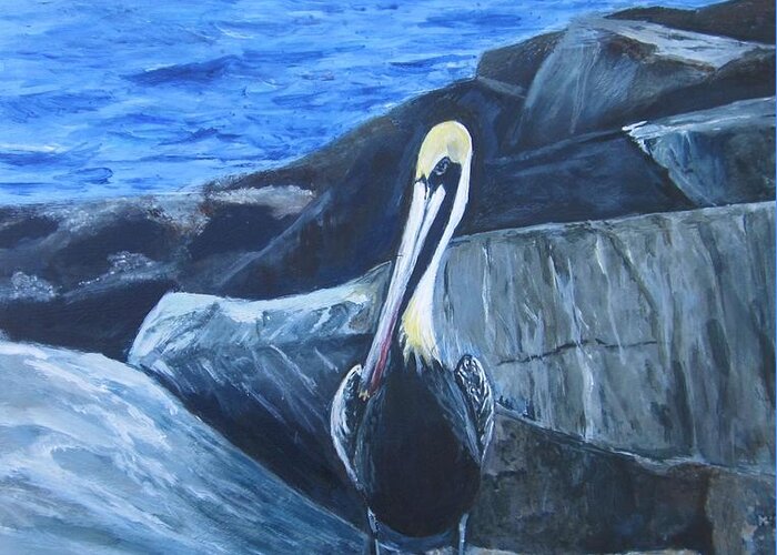 Pelican Greeting Card featuring the painting Pelican On The Rocks by Paula Pagliughi