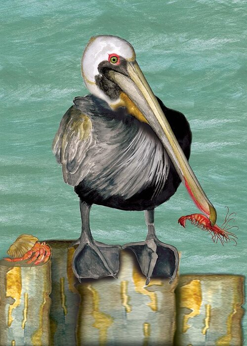 Pelican Greeting Card featuring the painting Pelican with Shrimp by Anne Beverley-Stamps
