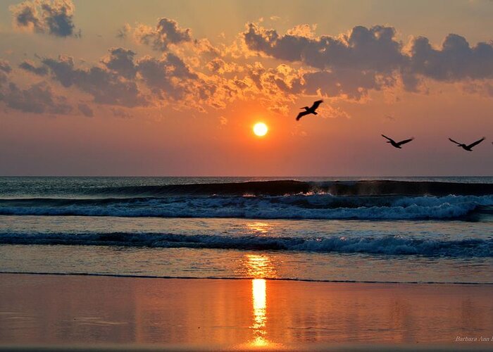 Obx Sunrise Greeting Card featuring the photograph Pelicans on the move by Barbara Ann Bell