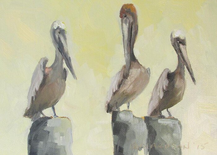 Pelican Greeting Card featuring the painting Pelicans Three by Susan Richardson
