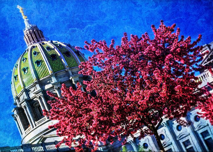 Spring Greeting Card featuring the photograph Pennsylvania State Capitol Dome in Bloom by Shelley Neff