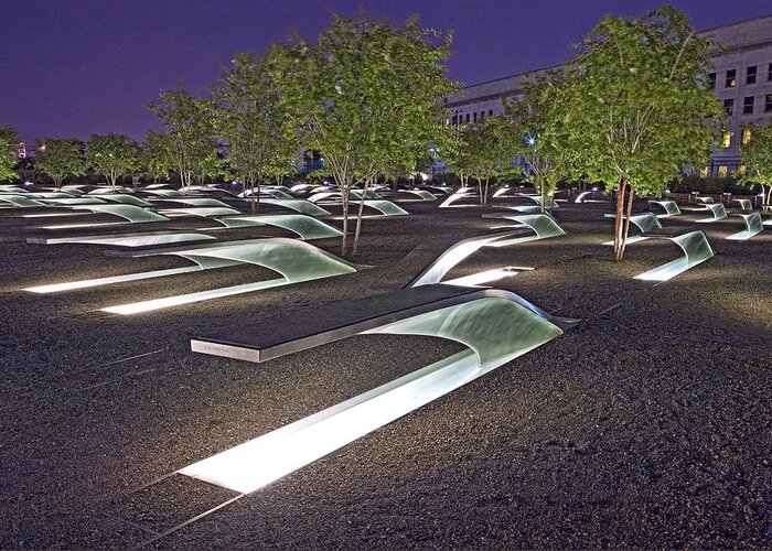 Pentagon Greeting Card featuring the photograph Pentagon Memorial to victims of September 11 by Brendan Reals