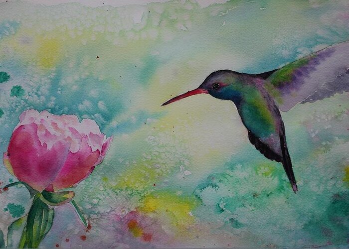 Flower Greeting Card featuring the painting Peony and hummingbird by Ruth Kamenev