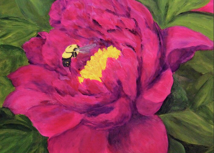 Flora Greeting Card featuring the painting Peony N Bee by Janet Greer Sammons