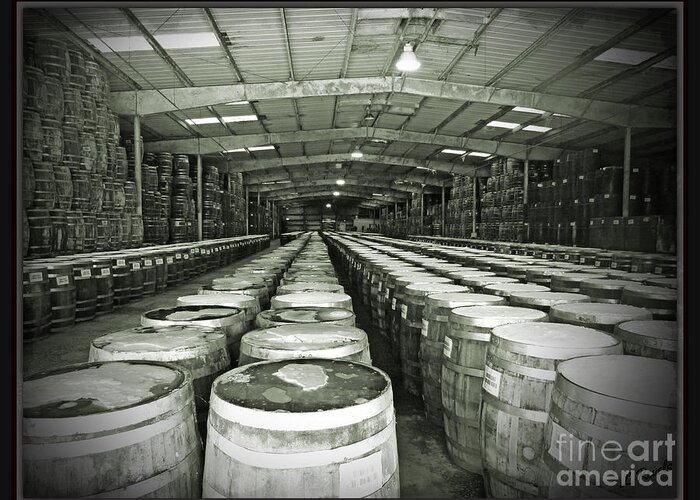 Black And White Greeting Card featuring the photograph Pepper Aging Barrels by Leslie Revels