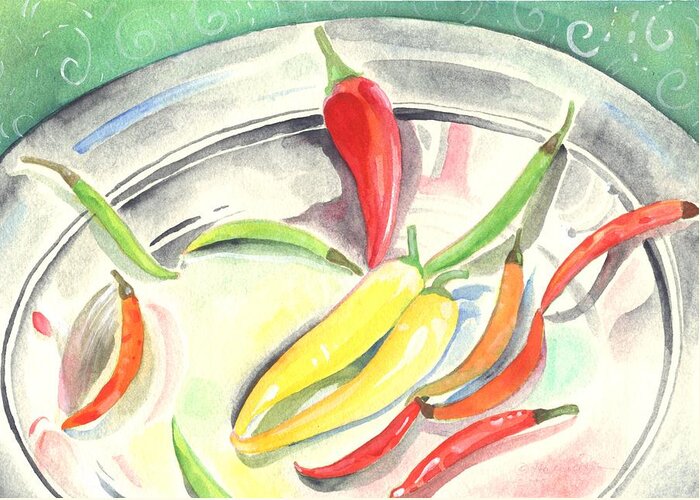 Hot Peppers Greeting Card featuring the painting Pepper Play by Helena Tiainen