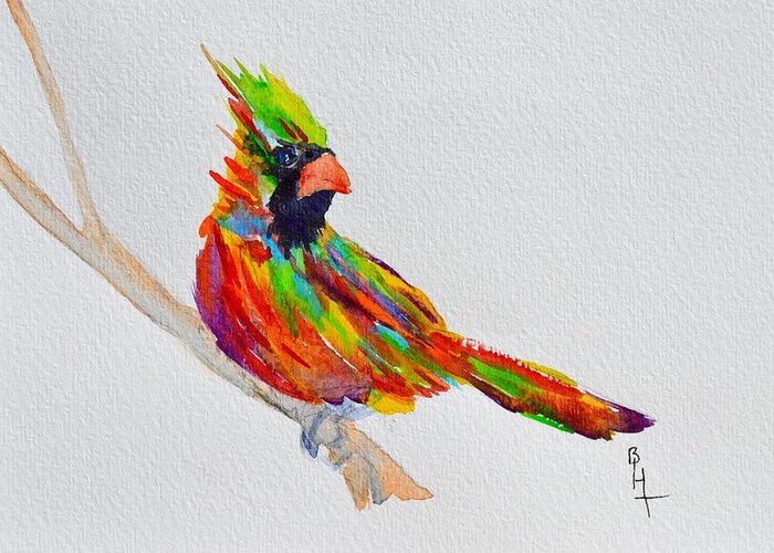 Cardinal Greeting Card featuring the painting Perch With Pride by Beverley Harper Tinsley
