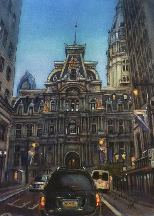 Philadelphia Greeting Card featuring the painting Philadelphia at dusk by Henrieta Maneva