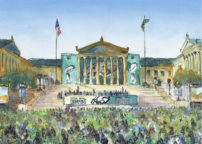 Philadelphia Eagles Super Bowl Nfl Football Champion Art Museum Philly Phila Parade Greeting Card featuring the painting Philadelphia Eagles, Flying High by Elissa Poma