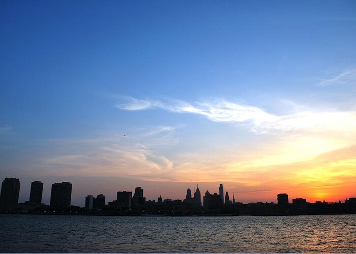 Philadelphia Greeting Card featuring the photograph Philadelphia Skyline Low Horizon Sunset by Matt Quest