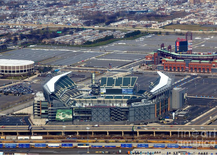 Aerial Greeting Card featuring the photograph Philadelphia Sports Complex by Anthony Totah