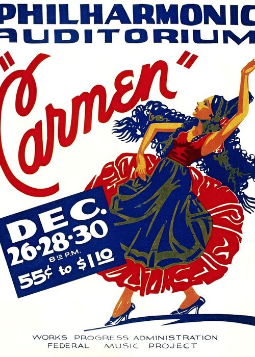 Carmen Greeting Card featuring the painting Philharmonic Auditorium Carmen, WPA poster, 1939 by Vincent Monozlay