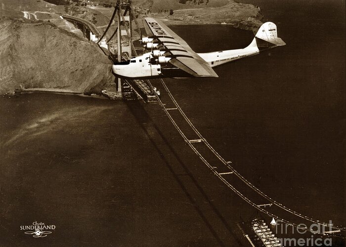 Pan Am Greeting Card featuring the photograph Philippine Clipper a Pan Am Clipper over the Golden Gate Bridge 1935 by Monterey County Historical Society
