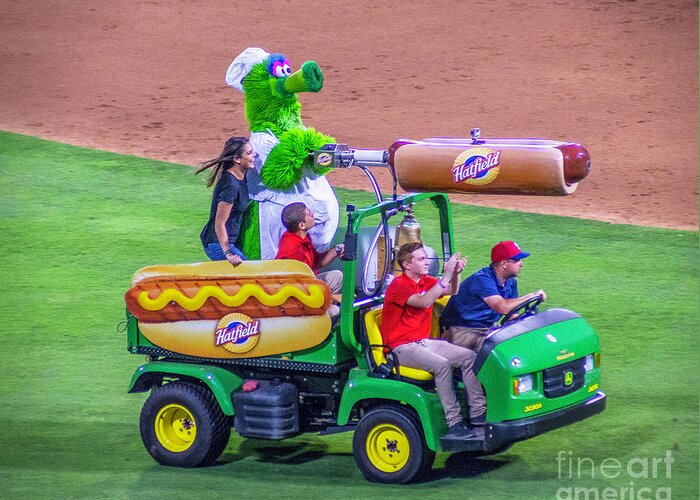 Phillie Phanatic Greeting Card featuring the photograph Phillie Phanatic Hot Dog Shooter by Nick Zelinsky Jr