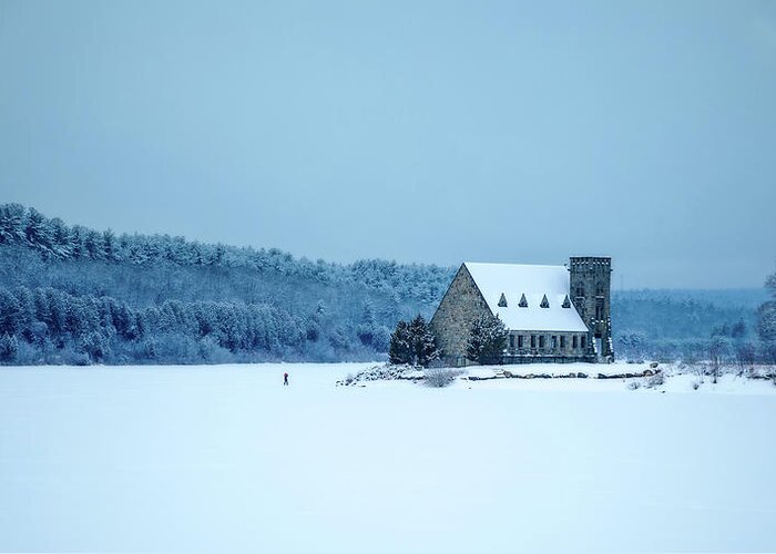 Wachusett Reservoir West Boylston W Ma Mass Massachusetts New England Photographer Thin Ice Outside Outdoors Nature Natural Snow Snowy Winter Blue Hour Old Stone Church Architecture Trees Landscape Brian Hale Brianhalephoto Greeting Card featuring the photograph Photographer on Thin Ice by Brian Hale