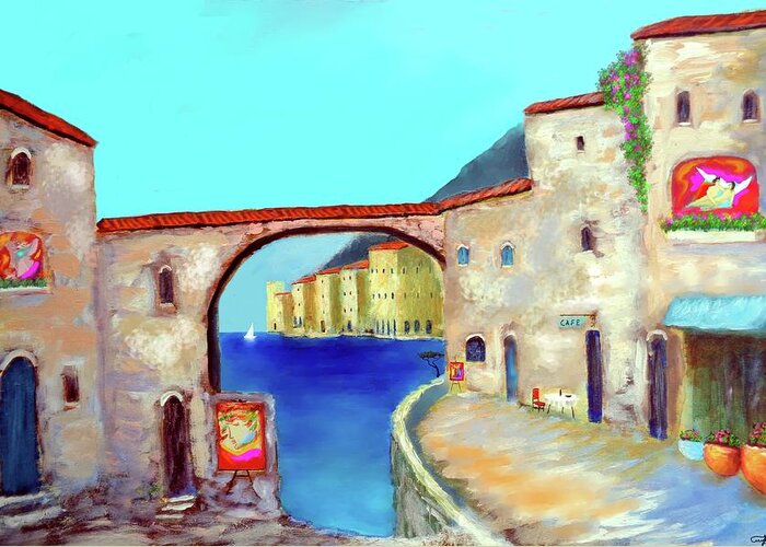  Italy Mediterranean Art Greeting Card featuring the painting Piazza Del La Artista by Larry Cirigliano