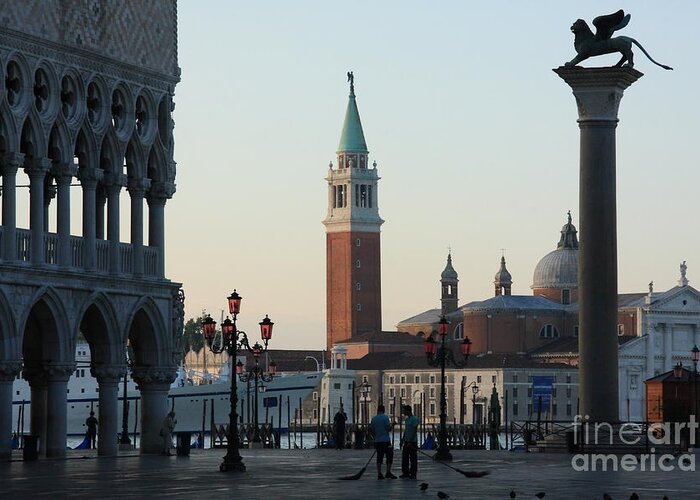 Venice Greeting Card featuring the photograph Piazzetta San Marco in Venice in the Morning with Sweepers by Michael Henderson