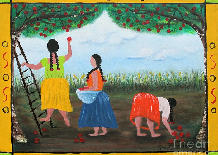 Summer Greeting Card featuring the painting Picking Apples by Sonia Flores Ruiz