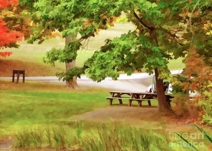 Picnic Tables On Olana Greeting Card featuring the painting Picnic Tables on Olana 3 by Jeelan Clark