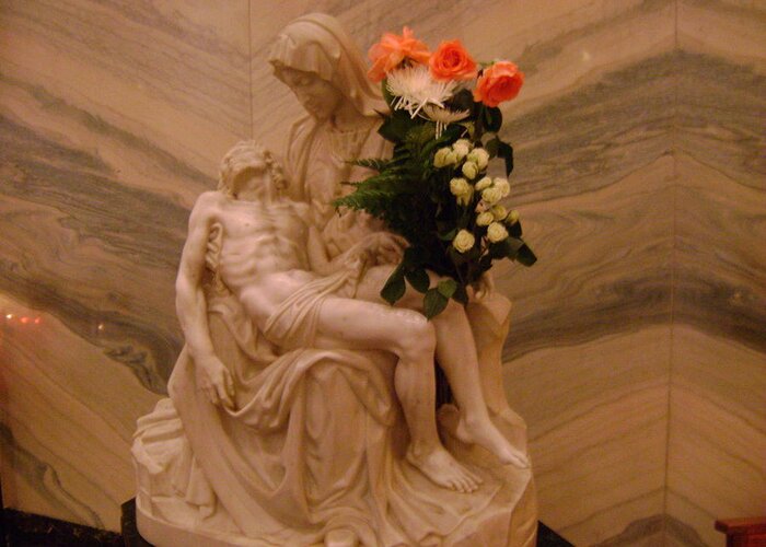 Pieta With Flowers Greeting Card featuring the photograph Pieta with flowers by Cynthia Butler