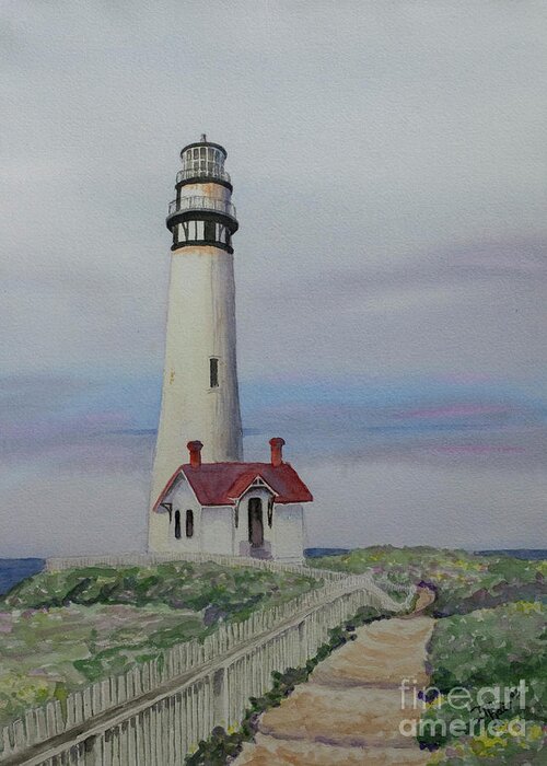 Lighthouse Greeting Card featuring the painting Pigeon Point Lighthouse by Jackie MacNair